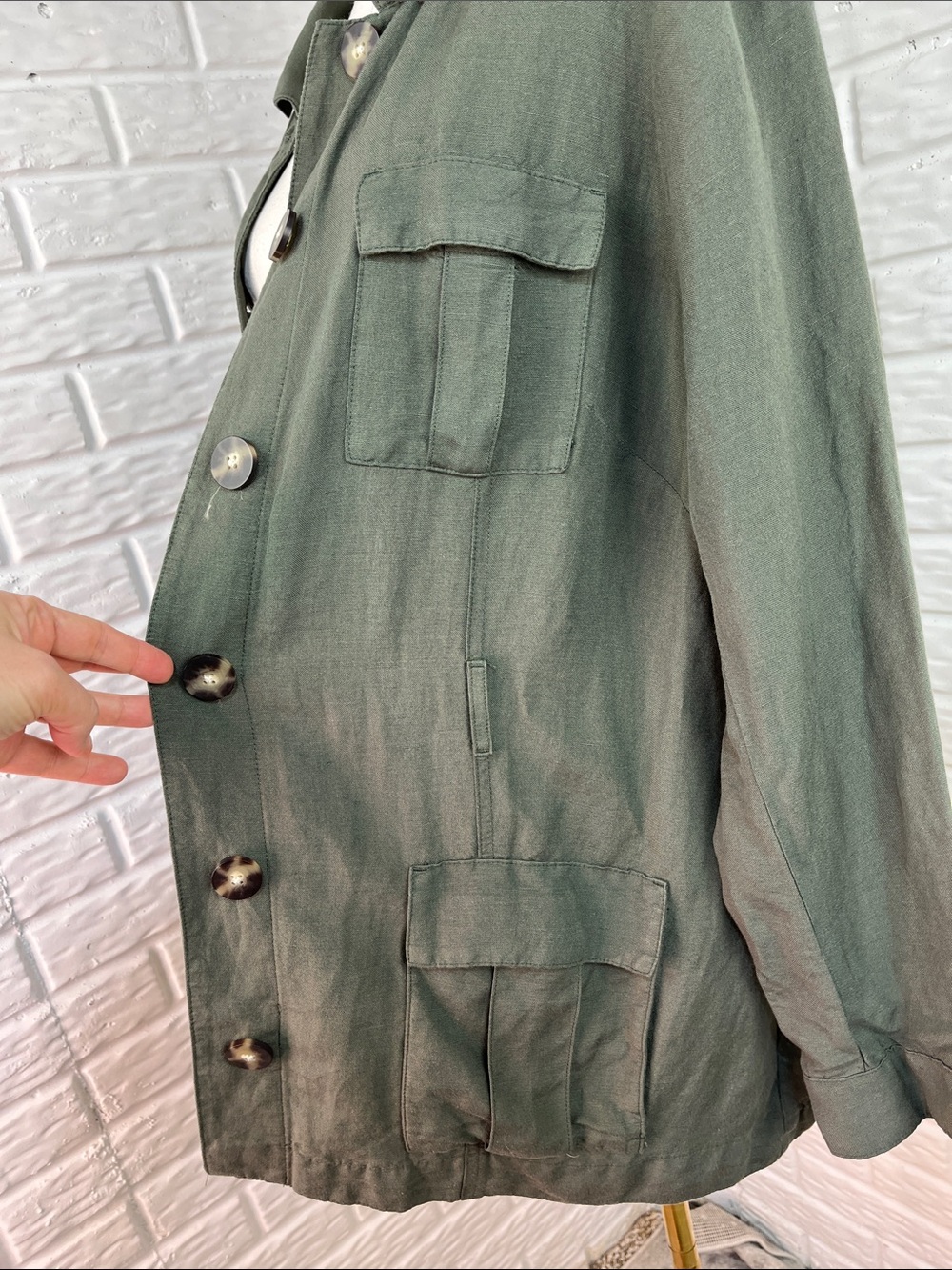 J. JILL UTILITY JACKET ARMY GREEN MILITARY SAFARI BUTTON UP LINEN BLEND SZ LG - Picture 6 of 13